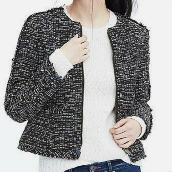 Banana Republic Black Blazer Tweed-Style Zipper Jacket Size 4 - Picture 1 of 6